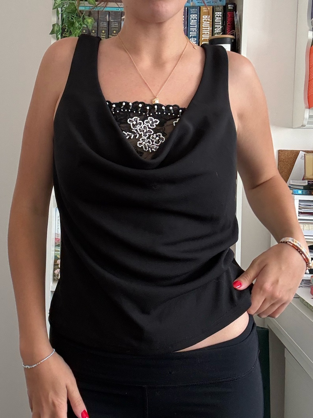 Women's Black Cowl Neck Camisole with Lace Inset